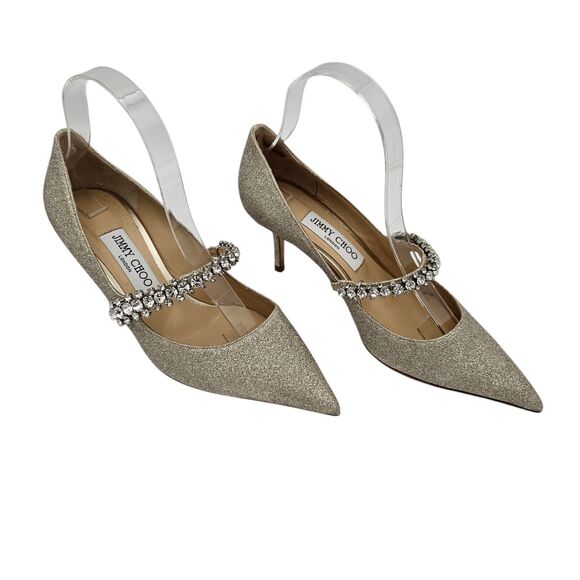 Jimmy Choo Bing Crystal Embellished Mary Jane Pump Size 37 US 7 Silver Glitter - Picture 1 of 9